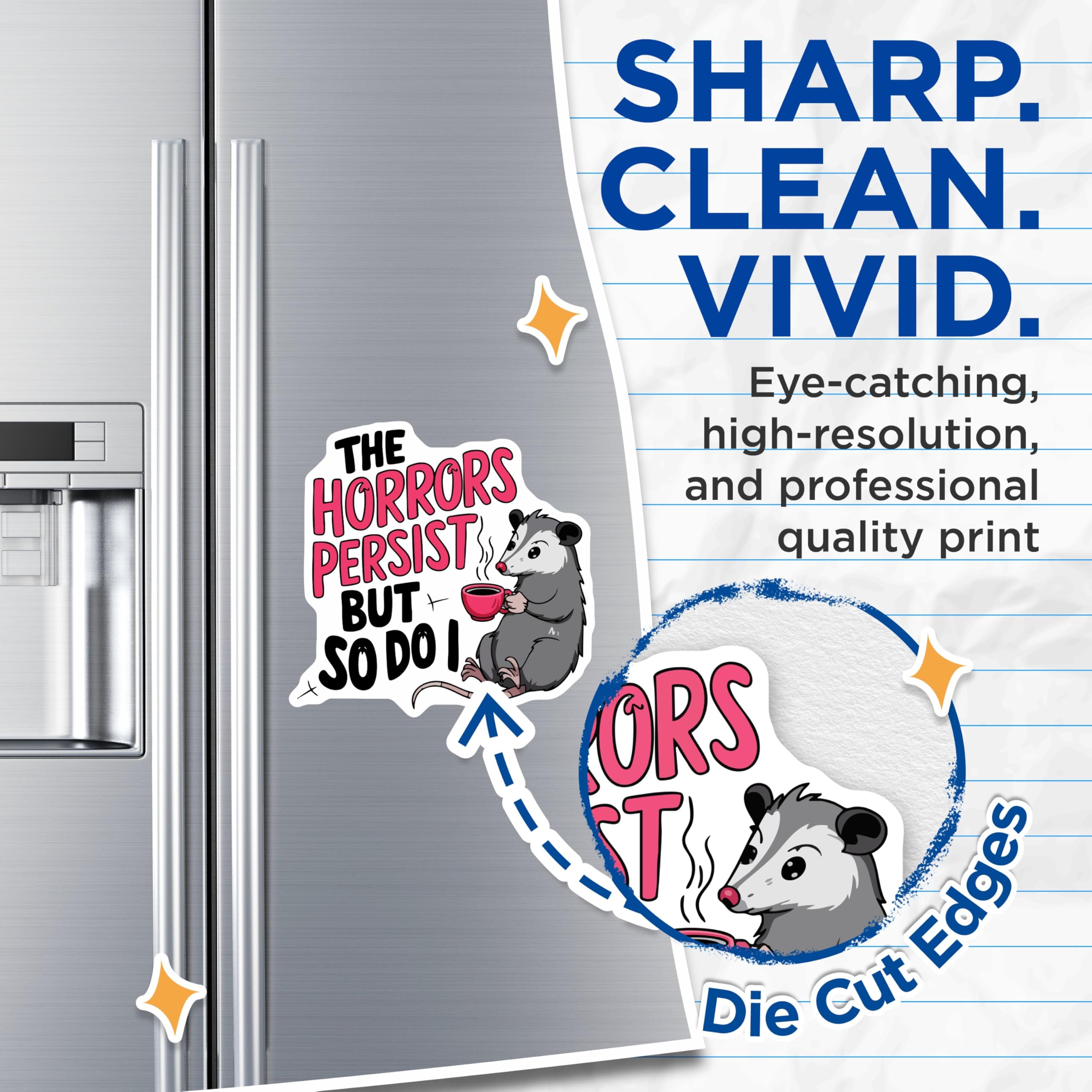 (2 Pack) Opossum Magnets - The Horrors Persist But So Do I - Funny Coffee Quote Animal Decor - 5 Inches On Longest Side - Thick Durable Magnet - Made in USA - MAG20520