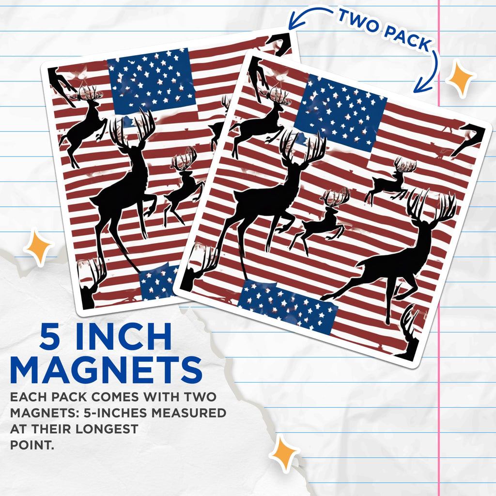 (2 Pack) Deer Silhouette Magnets - American Flag Hunting Design - Patriotic Wildlife Vehicle Decor - 5 Inches On Longest Side - Thick Durable Magnet - Made in USA - MAG19984