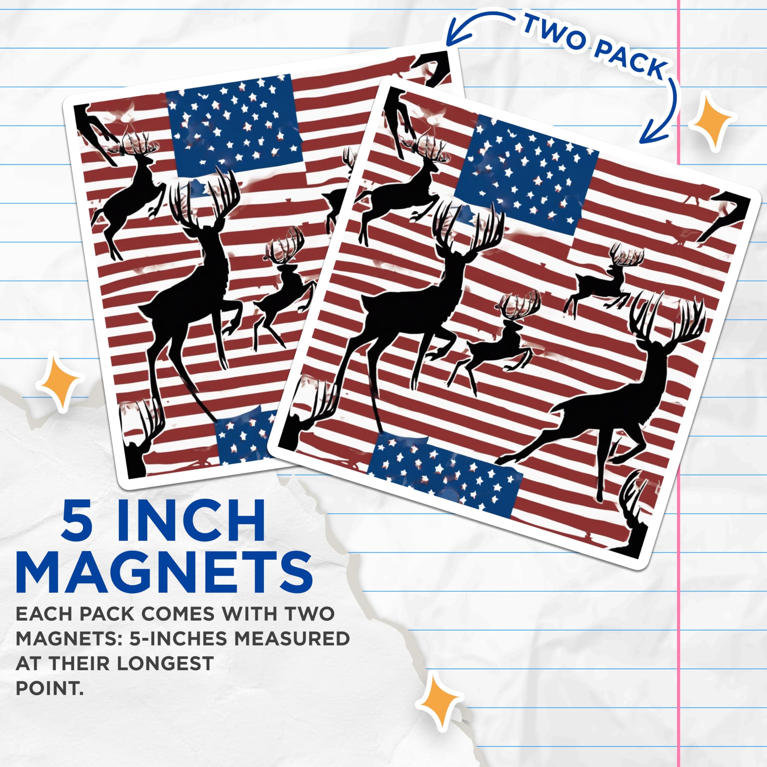 (2 Pack) Deer Silhouette Magnets - American Flag Hunting Design - Patriotic Wildlife Vehicle Decor - 5 Inches On Longest Side - Thick Durable Magnet - Made in USA - MAG19984
