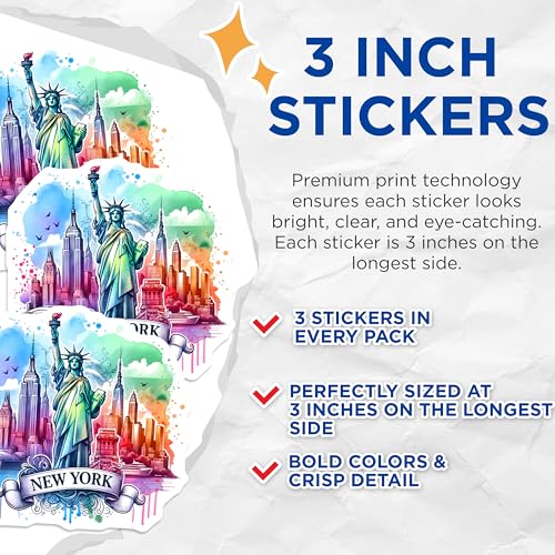 (3 Pack) New York Decals - Statue of Liberty - Cityscape Decals- 3 Inches On Longest Side - Easy Peel & Apply - Made in USA - 3MCS5799
