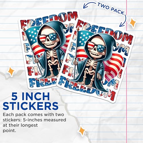 (2 Pack) Skeleton Holding American Flag Stickers - Freedom - Patriotic Skeleton - 5" On Longest Side - Sticks to Smooth Flat Surfaces - Made in USA - BMCS7913
