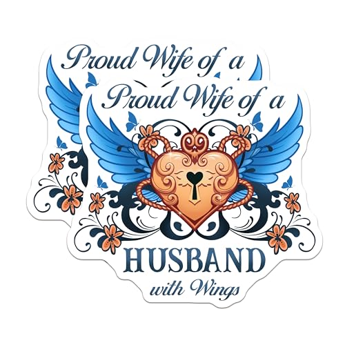 (2 Pack) Proud Wife of a Husband with Wings Stickers - Heart and Wings - Butterfly Floral Design - 5" On Longest Side - Sticks to Smooth Flat Surfaces - Made in USA - BMCS6110