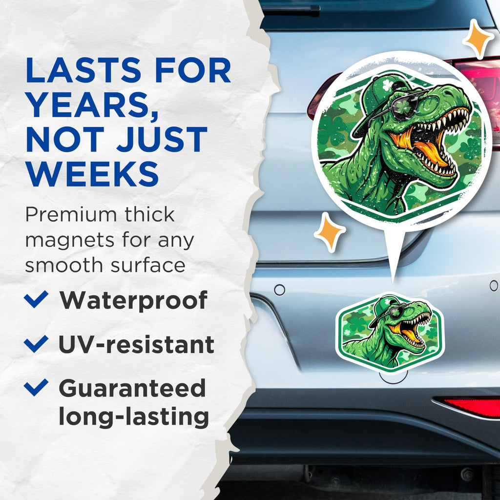 (2 Pack) Dinosaur Magnets - St Patricks Day - T Rex Shamrock Accessories - 5" On Longest Side - Premium Magnet - for Cars, Refrigerators, Toolboxes, Lockers - Made in USA - MAG16726