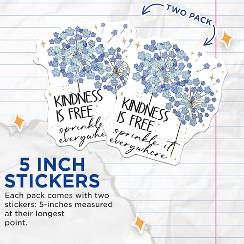 (2 Pack) Kindness Is Free Stickers - Inspirational Quote Stickers - Blue Flowers Stickers for Self-Love, Positivity Decor - 5" On Longest Side - Sticks to Smooth Flat Surfaces - Made in USA - BMCS4162