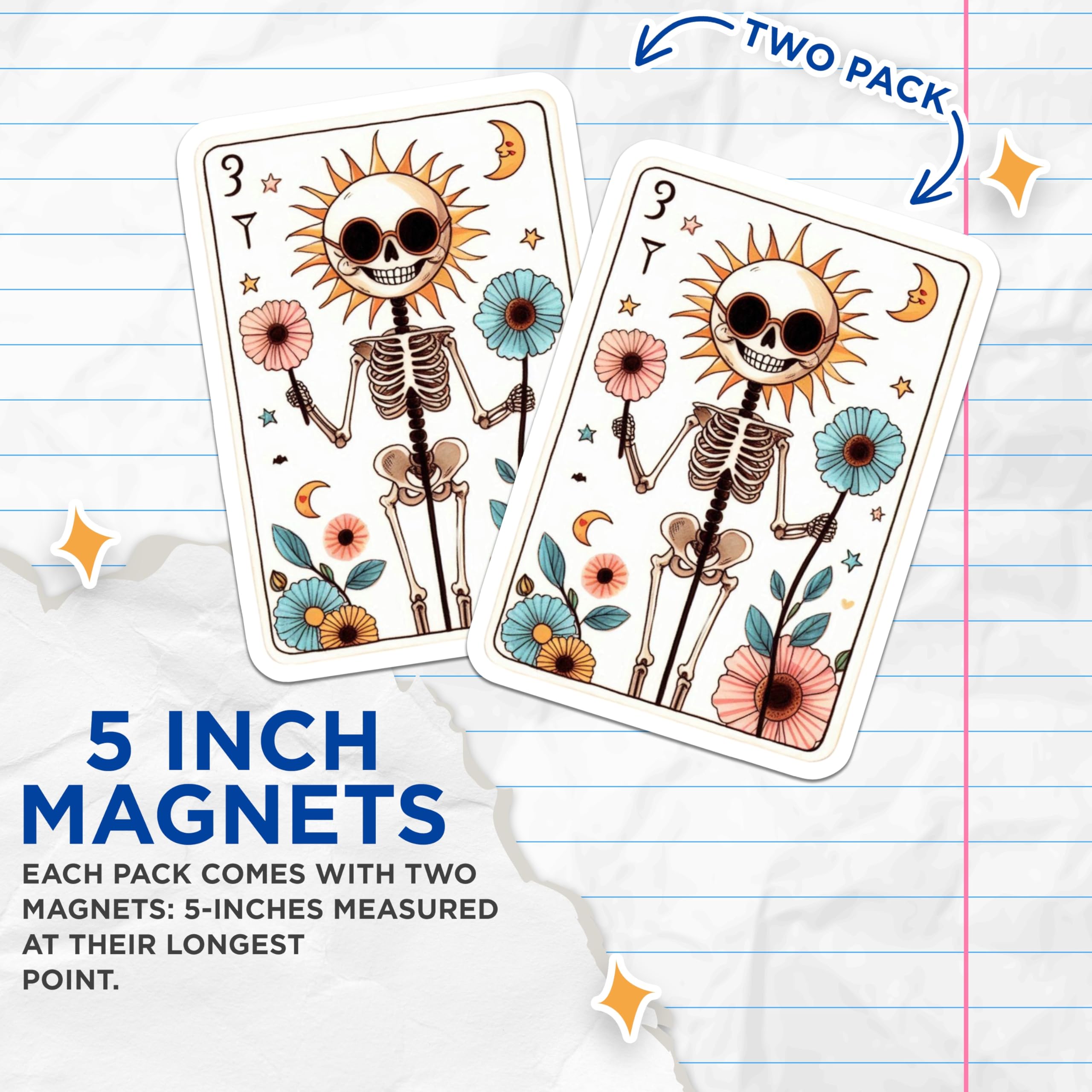 (2 Pack) Skeleton Sun Magnets - Bohemian Decor - Tarot Art - Whimsical Floral Skeleton - Celestial Mystical Fridge Decor - 5 Inches On Longest Side - Thick Durable Magnet - Made in USA - MAG20890