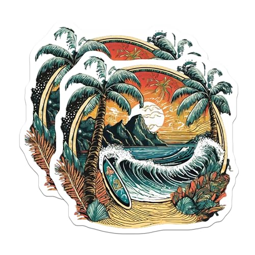 (2 Pack) Tropical Beach Scene Stickers - Surfing Wave - Artistic Palm Trees - 5" On Longest Side - Sticks to Smooth Flat Surfaces - Made in USA - BMCS9265