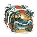 (2 Pack) Tropical Beach Scene Stickers - Surfing Wave - Artistic Palm Trees - 5" On Longest Side - Sticks to Smooth Flat Surfaces - Made in USA - BMCS9265