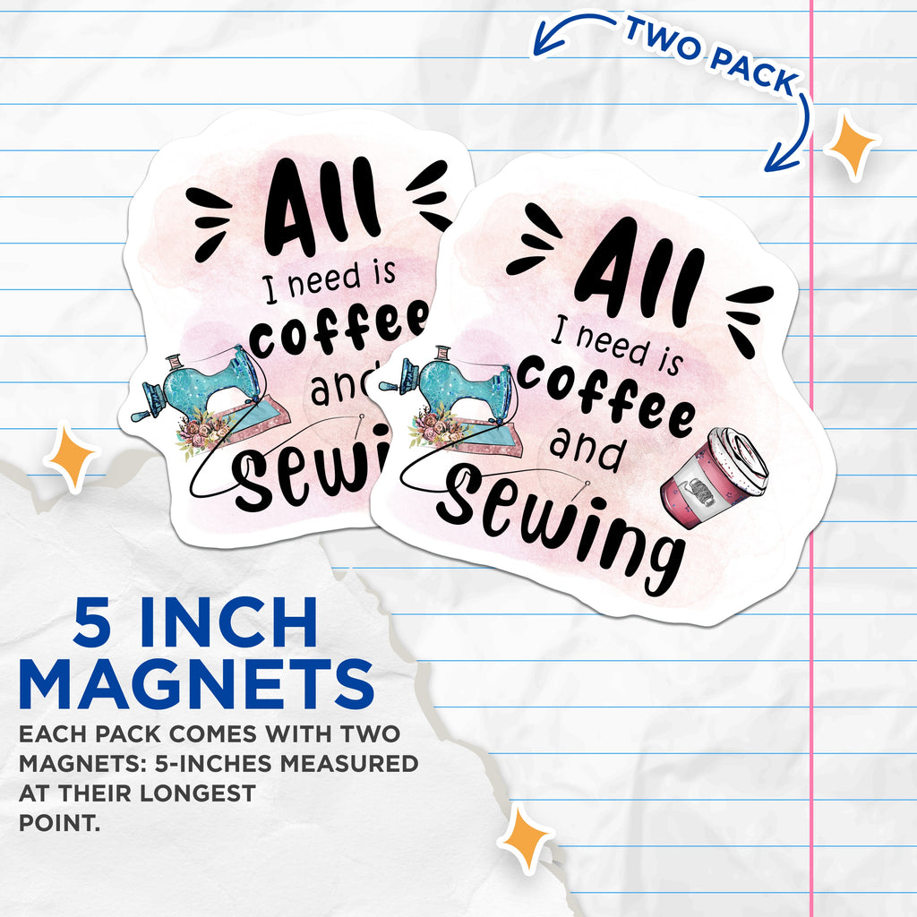 (2 Pack) Sewing Coffee Magnets - Crafter Hobby Decor - Sewing Machine Fridge Magnets - 5 Inches On Longest Side - Thick Durable Magnet - Made in USA - MAG39173