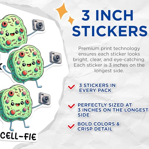 (3 Pack) Cellfie Decals - Cute Cell Taking Selfie - Biology Pun Decals - 3 Inches On Longest Side - Easy Peel & Apply - Made in USA - 3MCS6793
