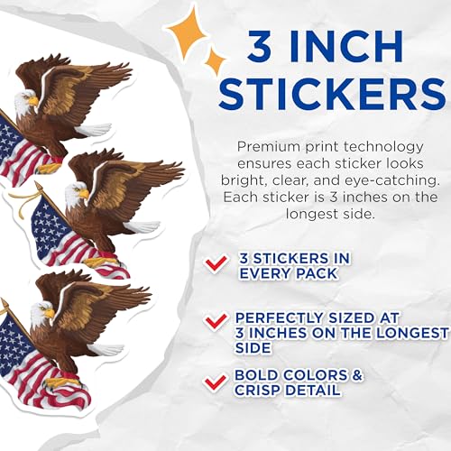 (3 Pack) Eagle Decals - American Flag - Laptop Patriotic Stickers - 3 Inches On Longest Side - Easy Peel & Apply - Made in USA - 3MCS6026