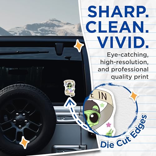 (2 Pack) Alien Believe in Yourself Stickers - UFO Motivational - Cute Alien Decal - 5" On Longest Side - Sticks to Smooth Flat Surfaces - Made in USA - BMCS7770