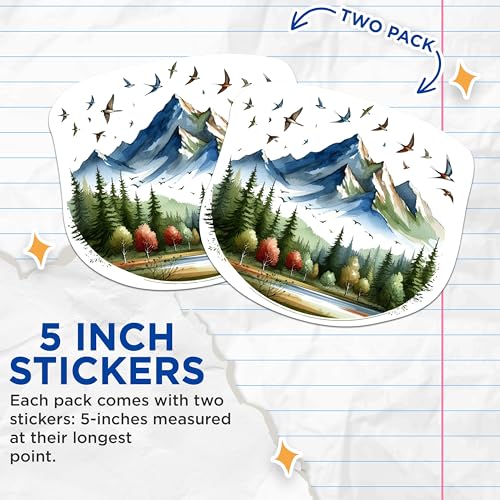 (2 Packs) Mountains Forest Stickers - Nature Hiking Hiker Decals - 5 Inches On Longest Side - Premium Vinyl Decal - Sticks to Any Smooth Flat Surface - Made in USA - BMCS2290