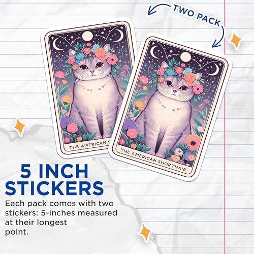 (2 Pack) Cat Lover Stickers - Floral Cat Stickers - Cute Pet Stickers for Laptop Water Bottle Scrapbook - 5" On Longest Side - Sticks to Smooth Flat Surfaces - Made in USA - BMCS4750