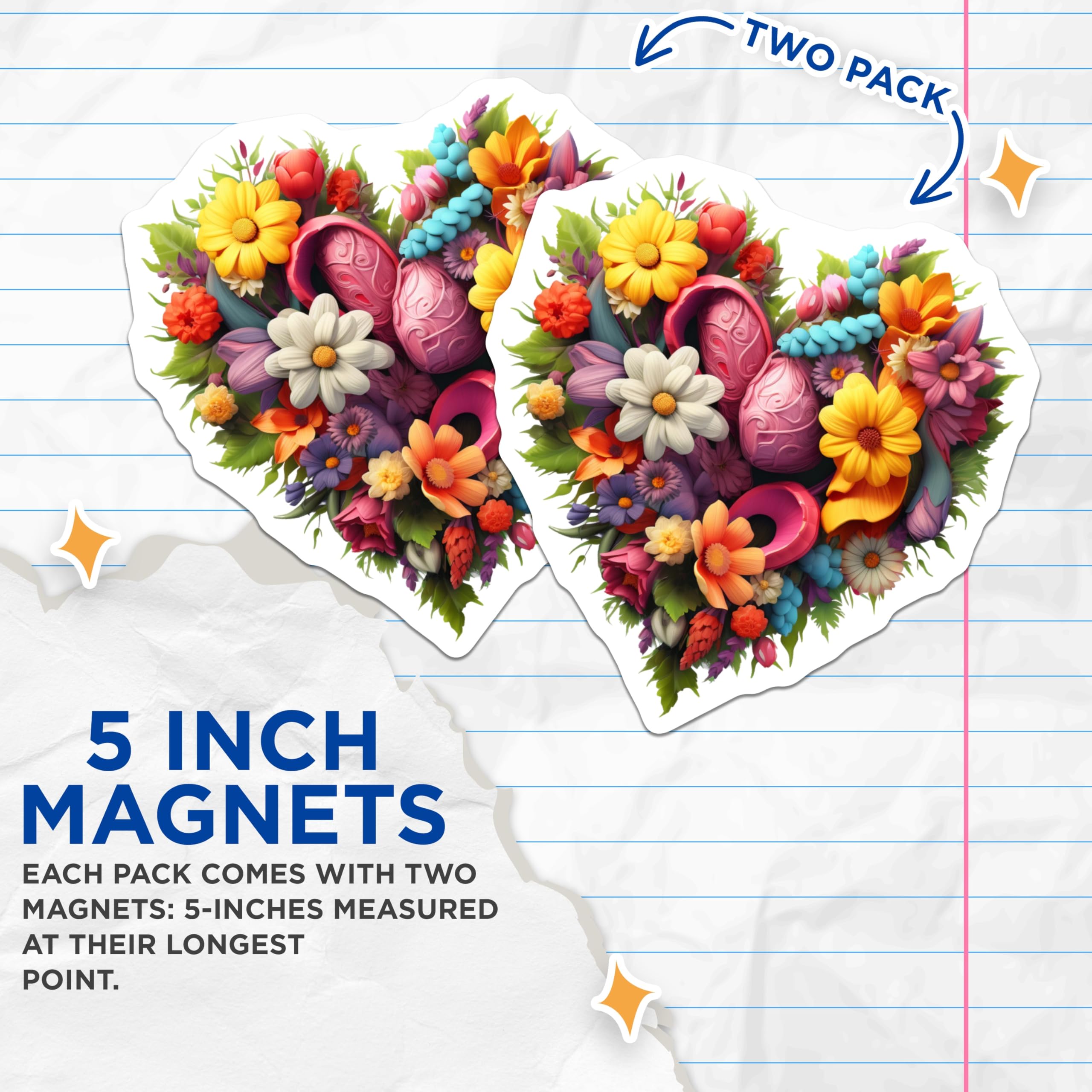 (2 Pack) Floral Heart Magnets - Vibrant Spring Easter Decoration - Botanical Fridge Locker Magnet Accessory - 5 Inches On Longest Side - Thick Durable Magnet - Made in USA - MAG24218