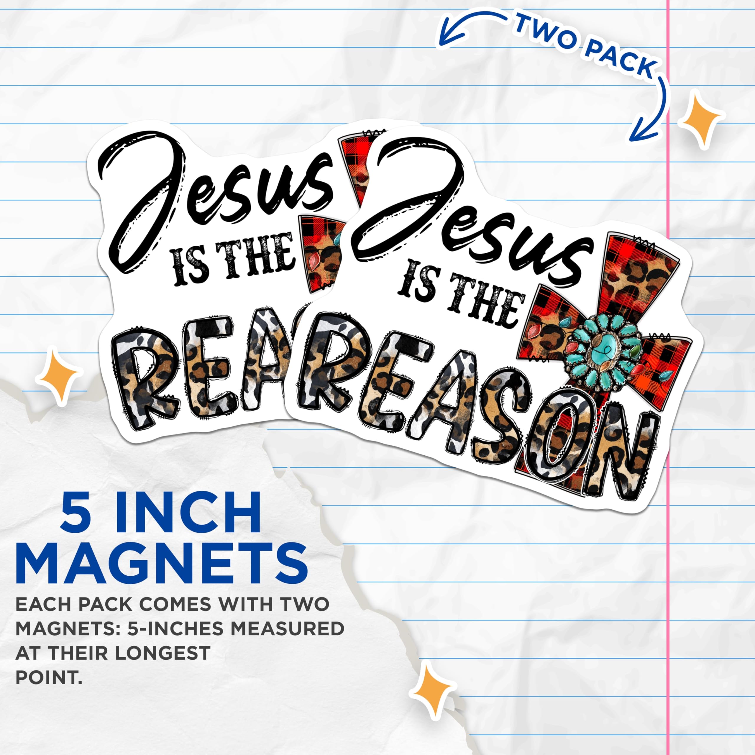 (2 Pack) Jesus is The Reason Magnets - Christian Faith Decor - Leopard Plaid Western Aesthetic - 5 Inches On Longest Side - Thick Durable Magnet - Made in USA - MAG28242