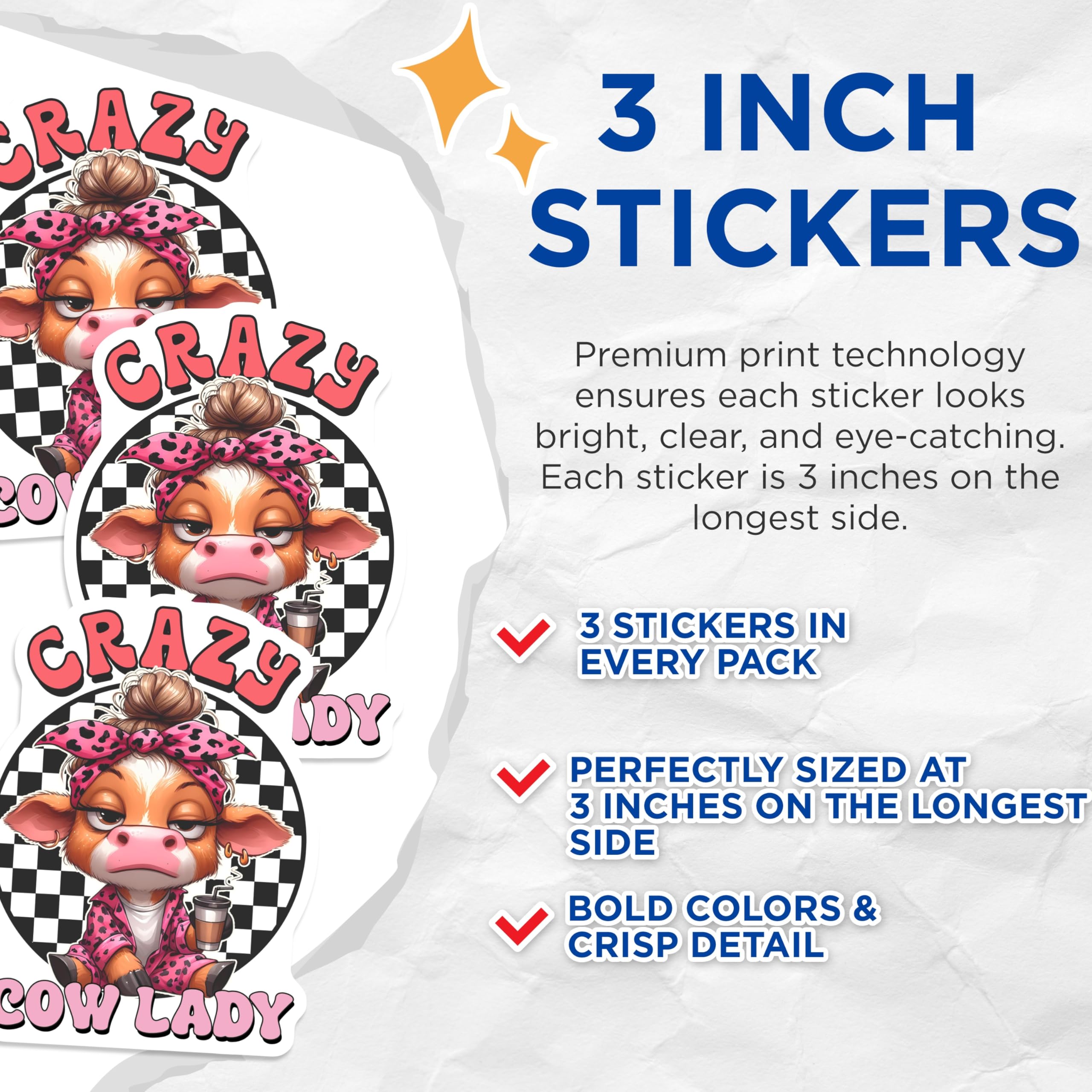(3 Pack) Crazy Cow Lady Decals - Funny Animal Decals - Laptop Decal - 3 Inches On Longest Side - Easy Peel & Apply - Made in USA - 3MCS2555