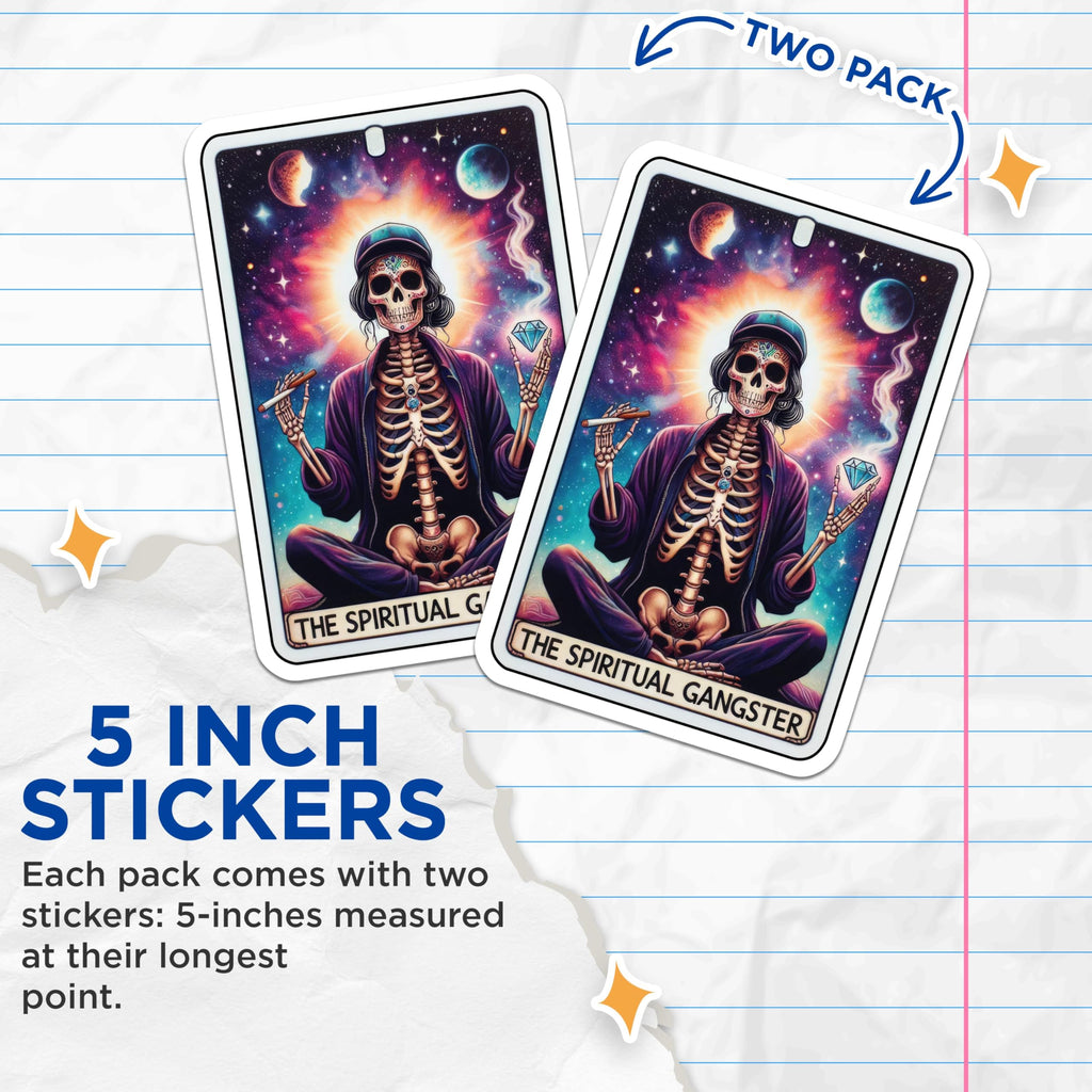 (2 Pack) Spiritual Gangster Stickers - Skeleton Meditation Stickers - Mystery Universe Stickers - 5" On Longest Side - Sticks to Smooth Flat Surfaces - Made in USA - BMCS5503