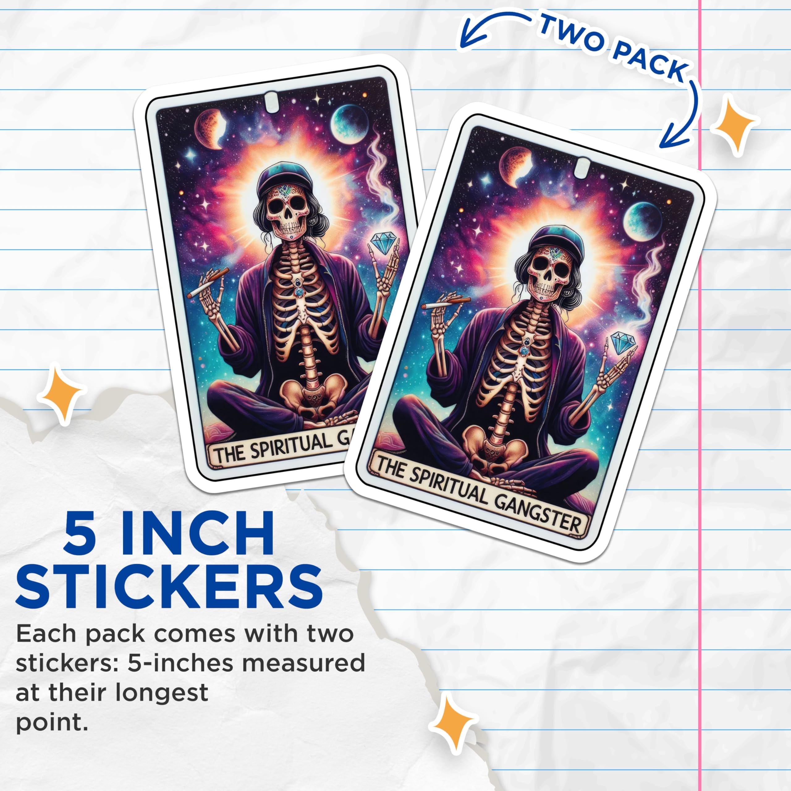 (2 Pack) Spiritual Gangster Stickers - Skeleton Meditation Stickers - Mystery Universe Stickers - 5" On Longest Side - Sticks to Smooth Flat Surfaces - Made in USA - BMCS5503