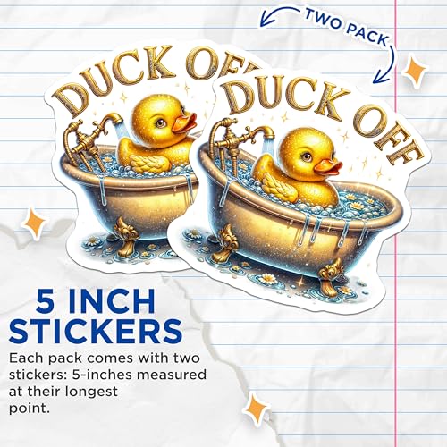 (2 Pack) Duck Off Stickers - Funny Bath Stickers - Sarcastic Rubber Duck Decals - 5" On Longest Side - Sticks to Smooth Flat Surfaces - Made in USA - BMCS5026