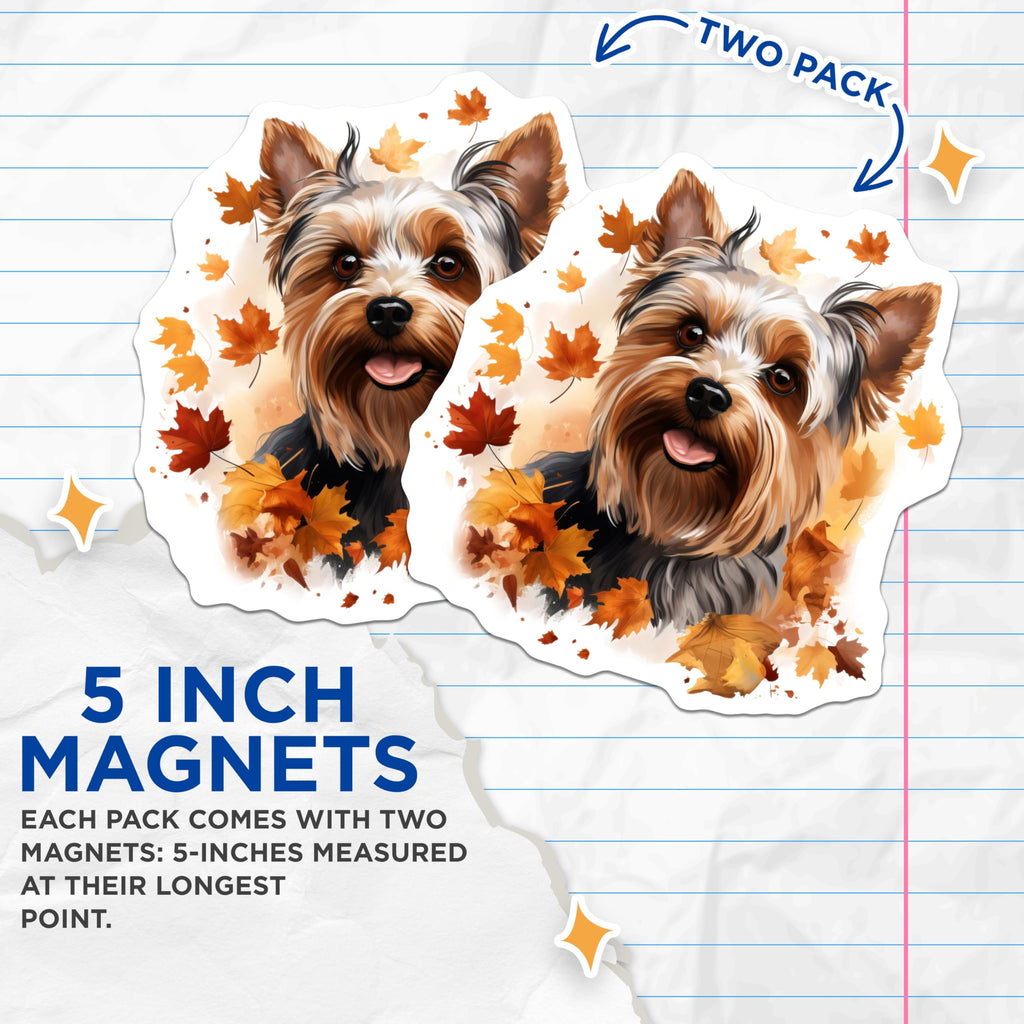 (2 Pack) Yorkshire Terrier Dog Magnets - Autumn Fall Leaves - Cute Yorkie Pet Owner Present - Fridge Locker Decor - 5 Inches On Longest Side - Thick Durable Magnet - Made in USA - MAG25183