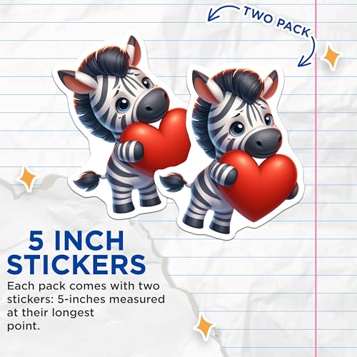 (2 Pack) Zebra Heart Stickers - Cute Animal Stickers - Adorable Zebra Art Stickers - Kid's Room Decor - Laptop Decals - 5" On Longest Side - Sticks to Smooth Flat Surfaces - Made in USA - BMCS3642