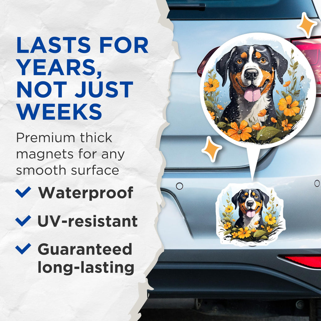 (2 Pack) Bernese Mountain Dog Magnets - Happy Smiling Dog Lover - Floral Pet Portrait Fridge Decor - 5 Inches On Longest Side - Thick Durable Magnet - Made in USA - MAG29193