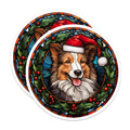 (2 Pack) Border Collie Christmas Magnets - Santa Hat Dog Art - Faux Stained Glass Decor - 5 Inches On Longest Side - Thick Durable Magnet - Made in USA - MAG26874
