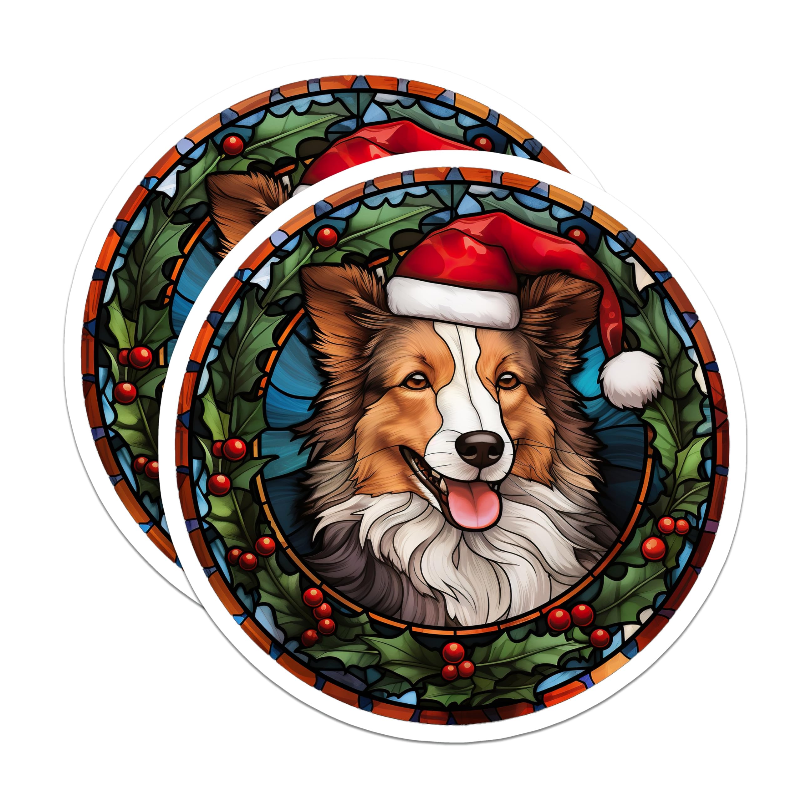 (2 Pack) Border Collie Christmas Magnets - Santa Hat Dog Art - Faux Stained Glass Decor - 5 Inches On Longest Side - Thick Durable Magnet - Made in USA - MAG26874