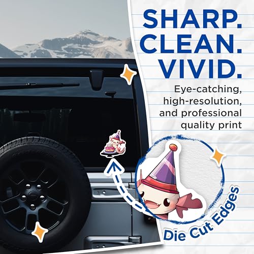 (2 Pack) Cute Axolotl Birthday Stickers - Party Hat - Cake Celebration - 5" On Longest Side - Sticks to Smooth Flat Surfaces - Made in USA - BMCS7778