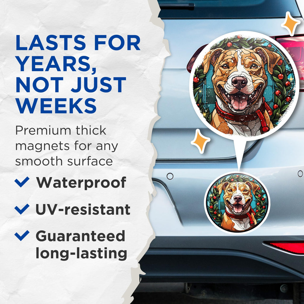 (2 Pack) Christmas Dog Magnets - Stained Glass Pet Decor - Happy Pitbull Fridge Magnets - Holiday Dog Lover Item - 5 Inches On Longest Side - Thick Durable Magnet - Made in USA - MAG25193