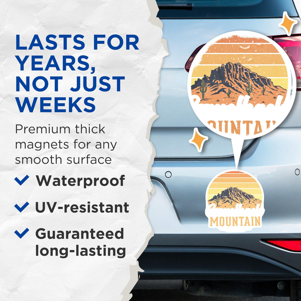 (2 Pack) Superstition Mountain Magnets - Arizona Desert Art - Retro Sunset Magnets - 5" On Longest Side - Premium Magnet - for Cars, Refrigerators, Toolboxes, Lockers - Made in USA - MAG18269