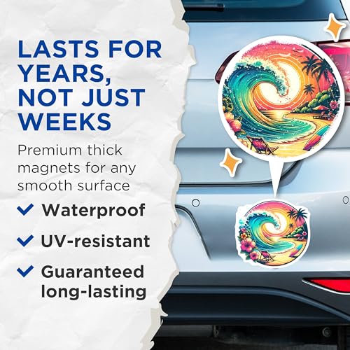 (2 Pack) Tropical Beach Scene Magnets - Ocean Wave Artwork - Sunset Paradise Magnets - 5" On Longest Side - for Cars, Fridges, Toolboxes - Made in USA - MAG7220