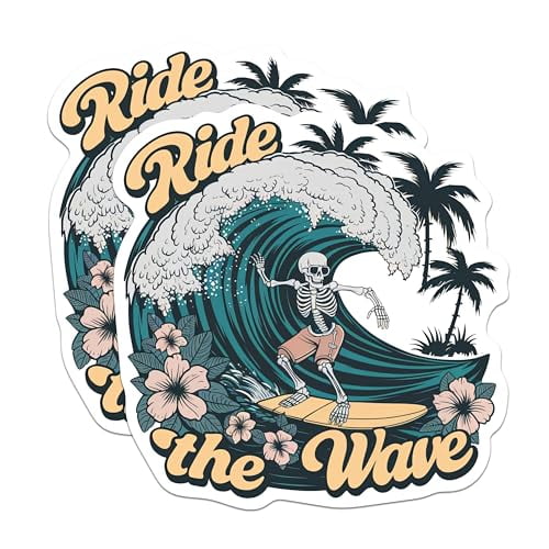 (2 Pack) Ride The Wave Magnets - Cool Retro Skeleton Surfing - Beach Bum - Surfer - 5" On Longest Side - Premium Magnet - for Cars, Refrigerators, Toolboxes, Lockers - Made in USA - MAG1682