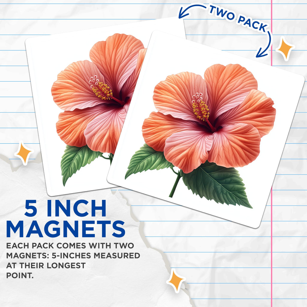 (2 Pack) Vibrant Hibiscus Flower Magnets - Botanical Fridge Decor - Tropical Summer Home Accent Organizers - 5 Inches On Longest Side - Thick Durable Magnet - Made in USA - MAG25060