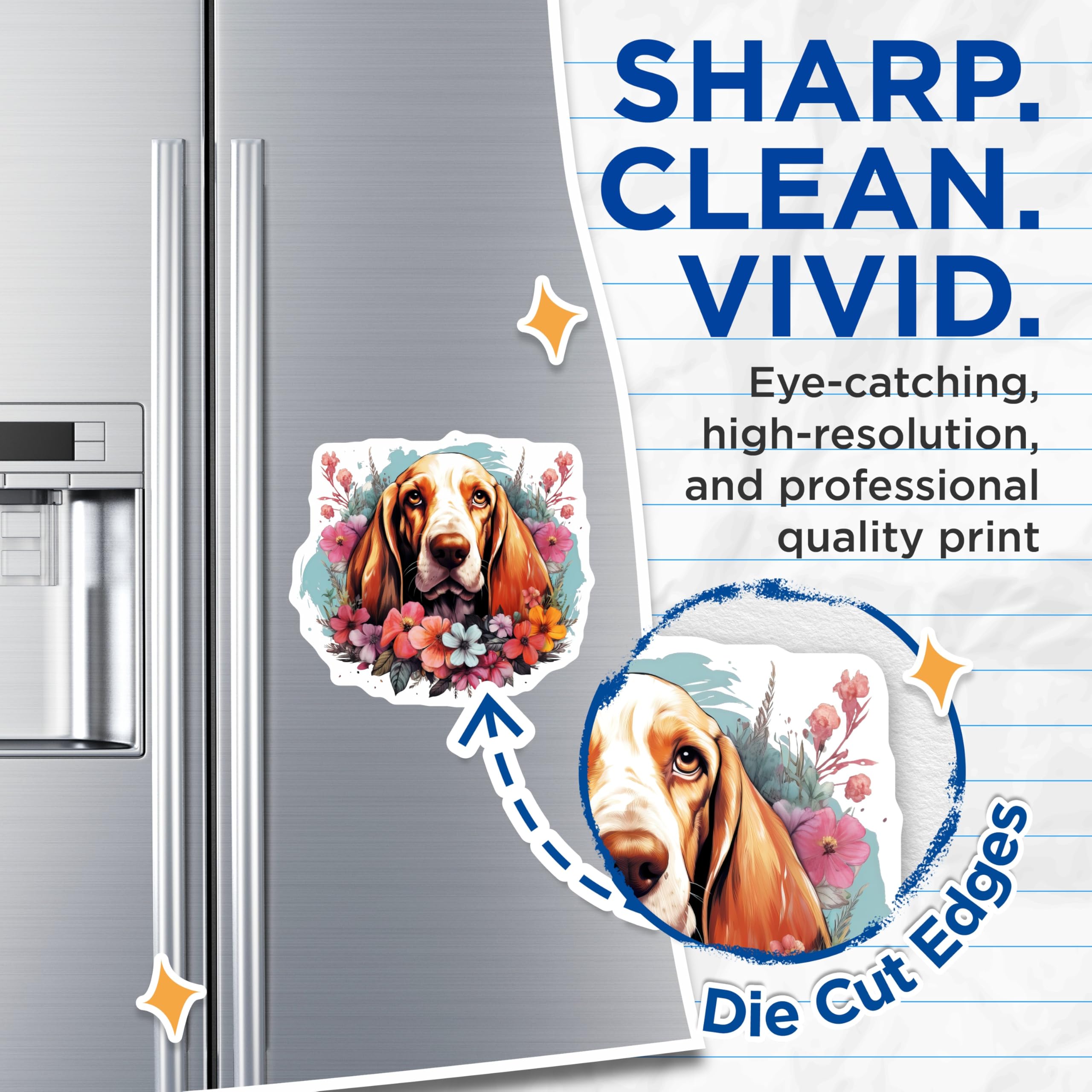 (2 Pack) Basset Hound Dog Magnets - Floral Pet Portrait - Animal Lover Fridge Decor - 5 Inches On Longest Side - Thick Durable Magnet - Made in USA - MAG28859
