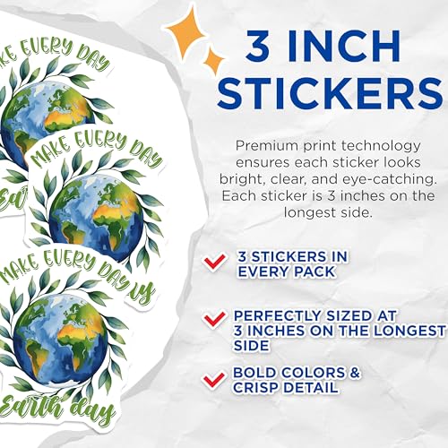 (3 Pack) Earth Day Decals - Planet Earth Sticker - Make Every Day Count Laptop Decals - 3 Inches On Longest Side - Easy Peel & Apply - Made in USA - 3MCS7206