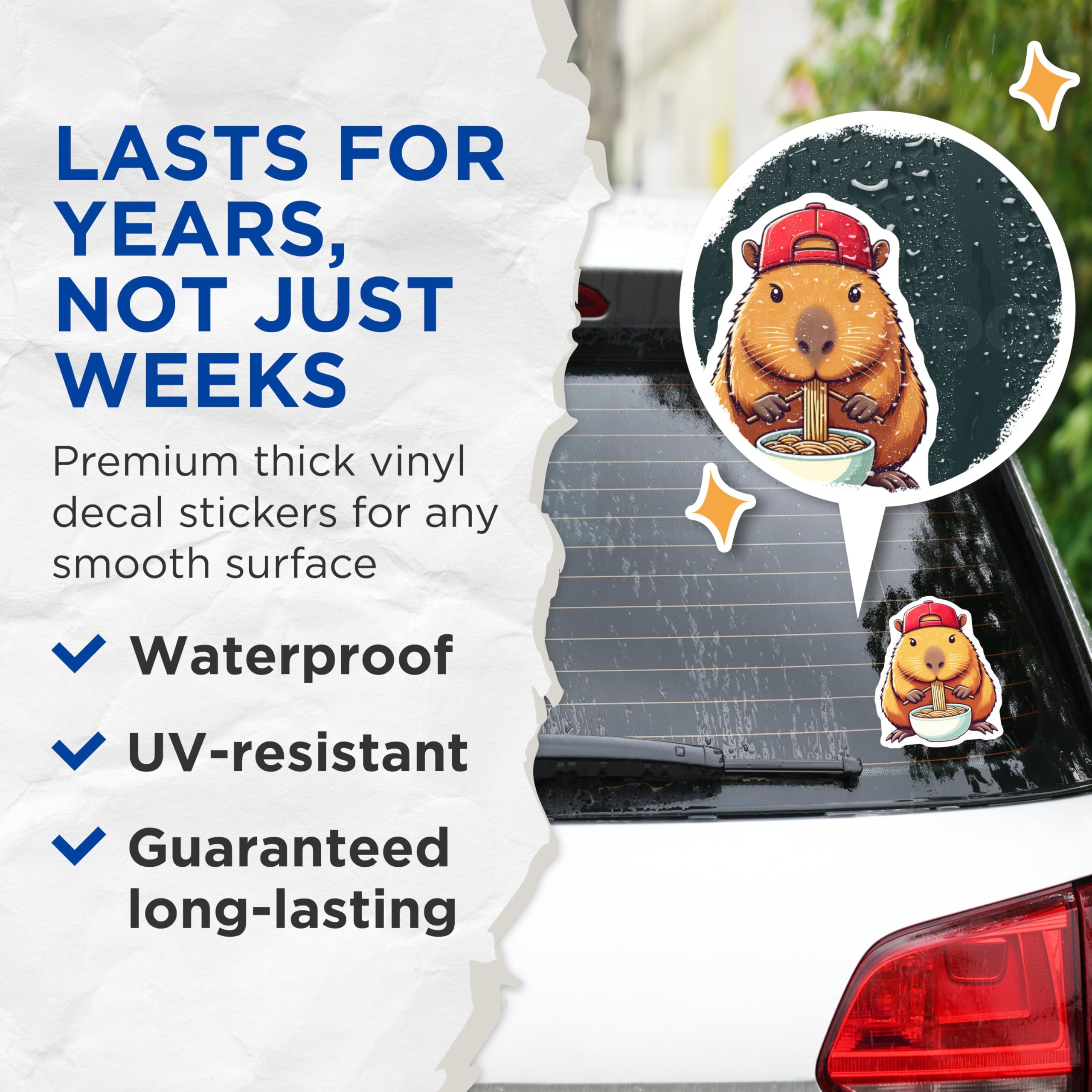 (2 Pack) Cute Capybara Eating Noodles Stickers - Funny Animal Sticker - Adorable Cartoon Capybara - 5" On Longest Side - Sticks to Smooth Flat Surfaces - Made in USA - BMCS9902
