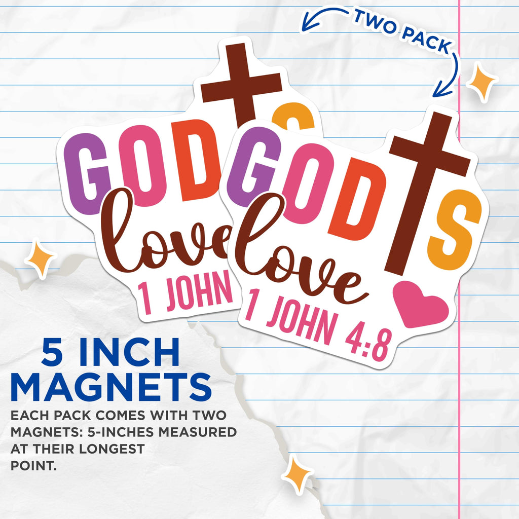 (2 Pack) God's Love Magnets - 1 John 4:8 Bible Verse - Christian Faith Fridge Decor - Inspirational Religious Decals for Car - 5 Inches On Longest Side - Thick Durable Magnet - Made in USA - MAG30003