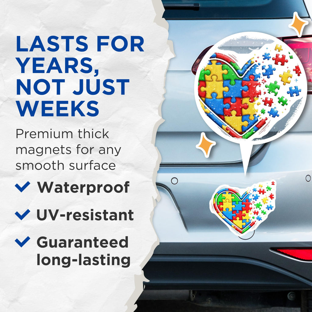 (2 Pack) Autism Awareness Magnets - Puzzle Heart Support - Neurodiversity Advocacy Decor - 5 Inches On Longest Side - Thick Durable Magnet - Made in USA - MAG21409