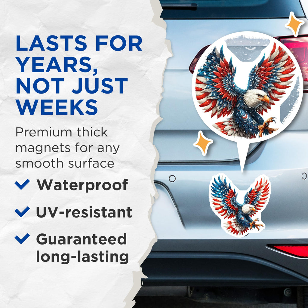 (2 Pack) American Bald Eagle Magnets - USA Flag Design Art - Patriotic Freedom Symbol Decoration - Independence Day Display - 5 Inches On Longest Side - Thick Durable Magnet - Made in USA - MAG21919