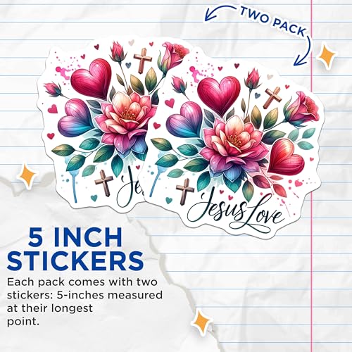 (2 Pack) Jesus Love Stickers - Christian Floral Decal - Religious Inspirational Art - 5" On Longest Side - Sticks to Smooth Flat Surfaces - Made in USA - BMCS7196