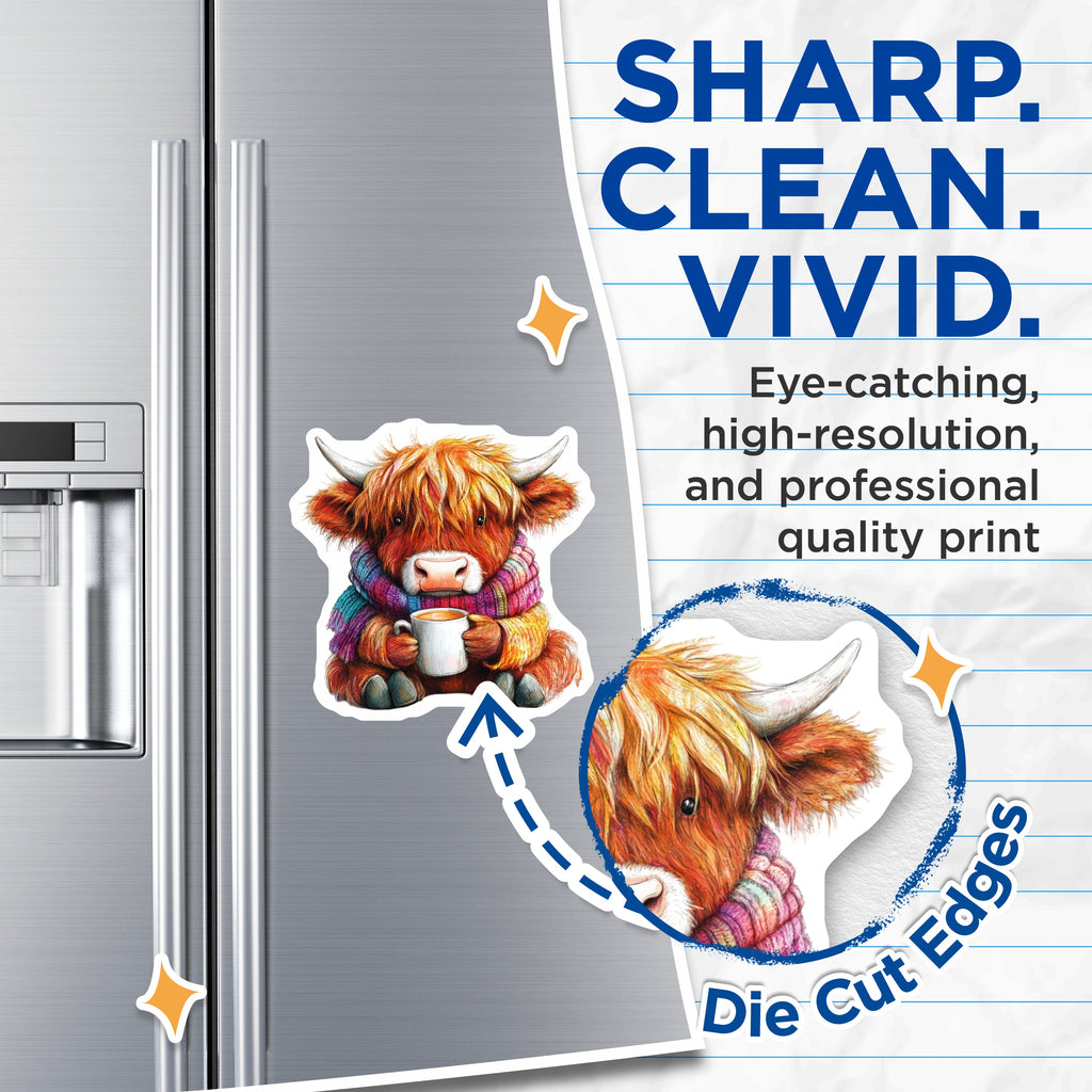 (2 Pack) Highland Cow Magnets - Cozy Scottish Calf - Fuzzy Animal Art - Coffee Mug Drinker - Farmhouse Refrigerator Decor - 5 Inches On Longest Side - Thick Durable Magnet - Made in USA - MAG37450