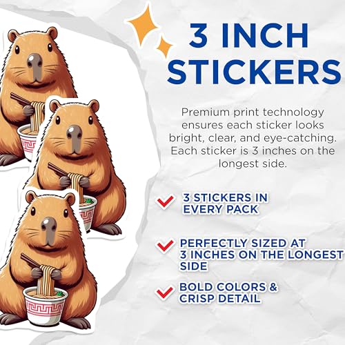 (3 Pack) Capybara Ramen Decals - Cute Animal Stickers - Laptop Decals - 3 Inches On Longest Side - Easy Peel & Apply - Made in USA - 3MCS8667