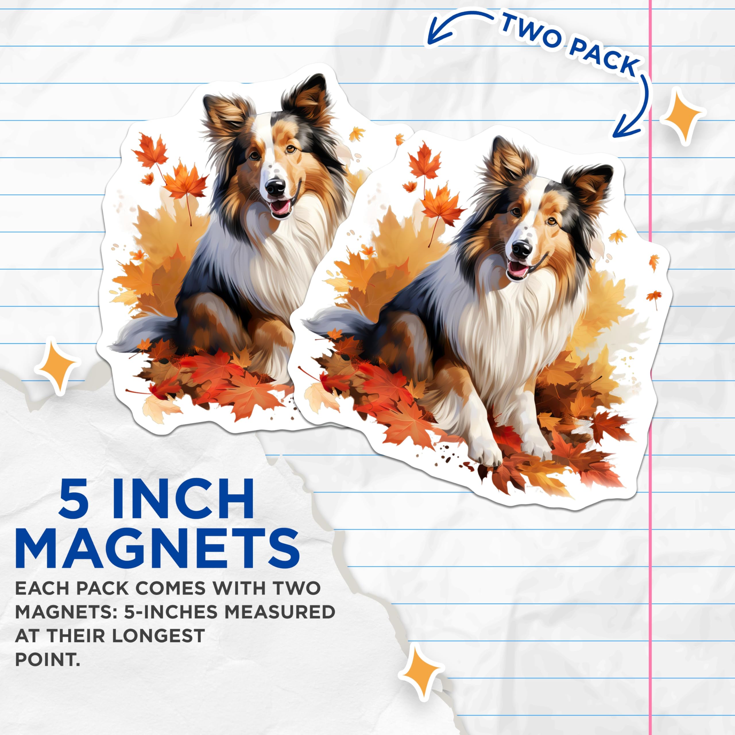 (2 Pack) Sheltie Dog Magnets - Autumn Leaves Decor - Fall Seasonal Pet Art - Collie Dog Lover Refrigerator Magnet - 5 Inches On Longest Side - Thick Durable Magnet - Made in USA - MAG29487