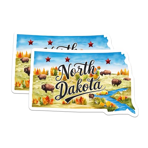 (2 Pack) North Dakota State Map Stickers - Travel - Souvenir - 5" On Longest Side - Sticks to Smooth Flat Surfaces - Made in USA - BMCS6292