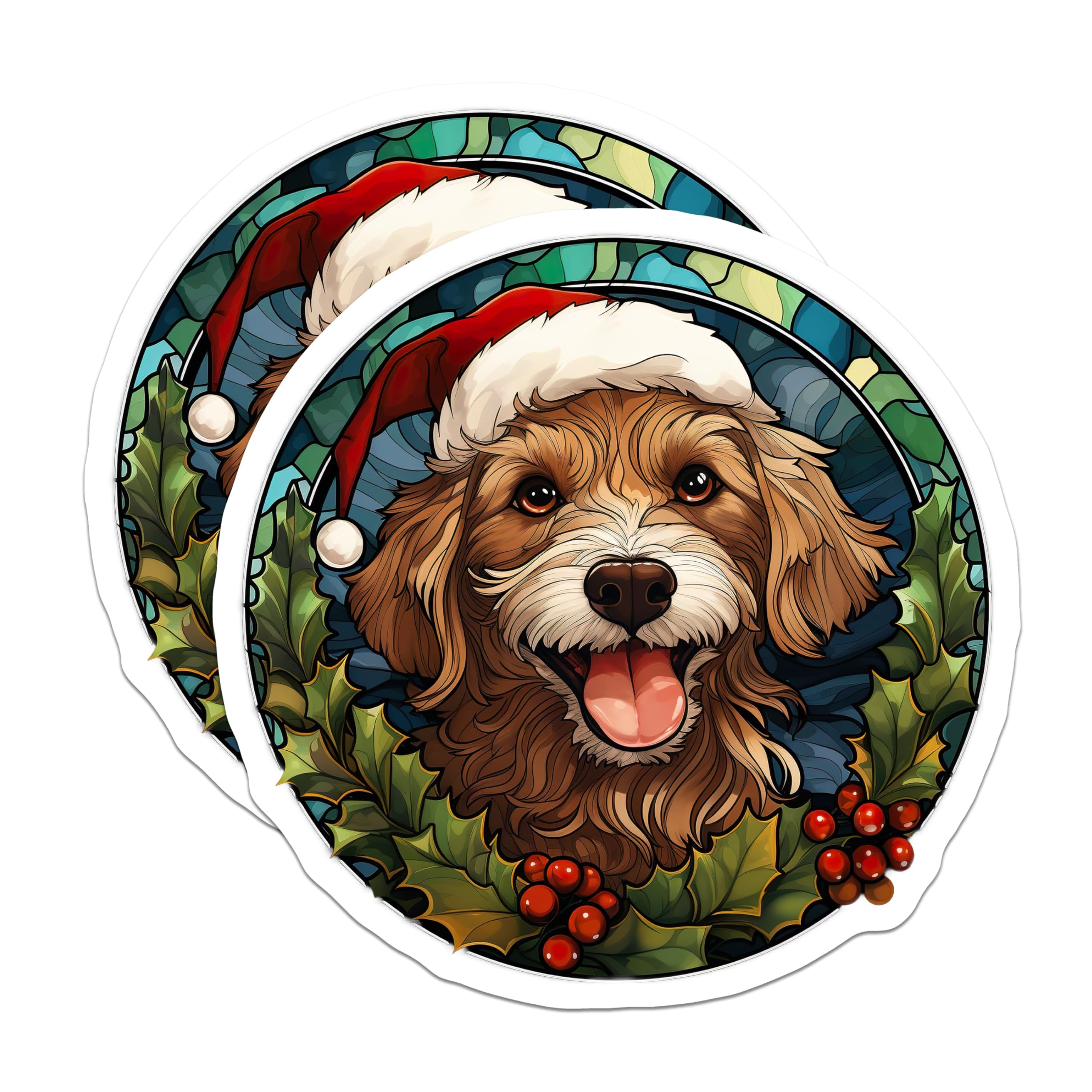 (2 Pack) Christmas Dog Magnets - Santa Hat Puppy Stained Glass Style - Holiday Pet Decor Refrigerator Locker Office Fun - 5 Inches On Longest Side - Thick Durable Magnet - Made in USA - MAG29803