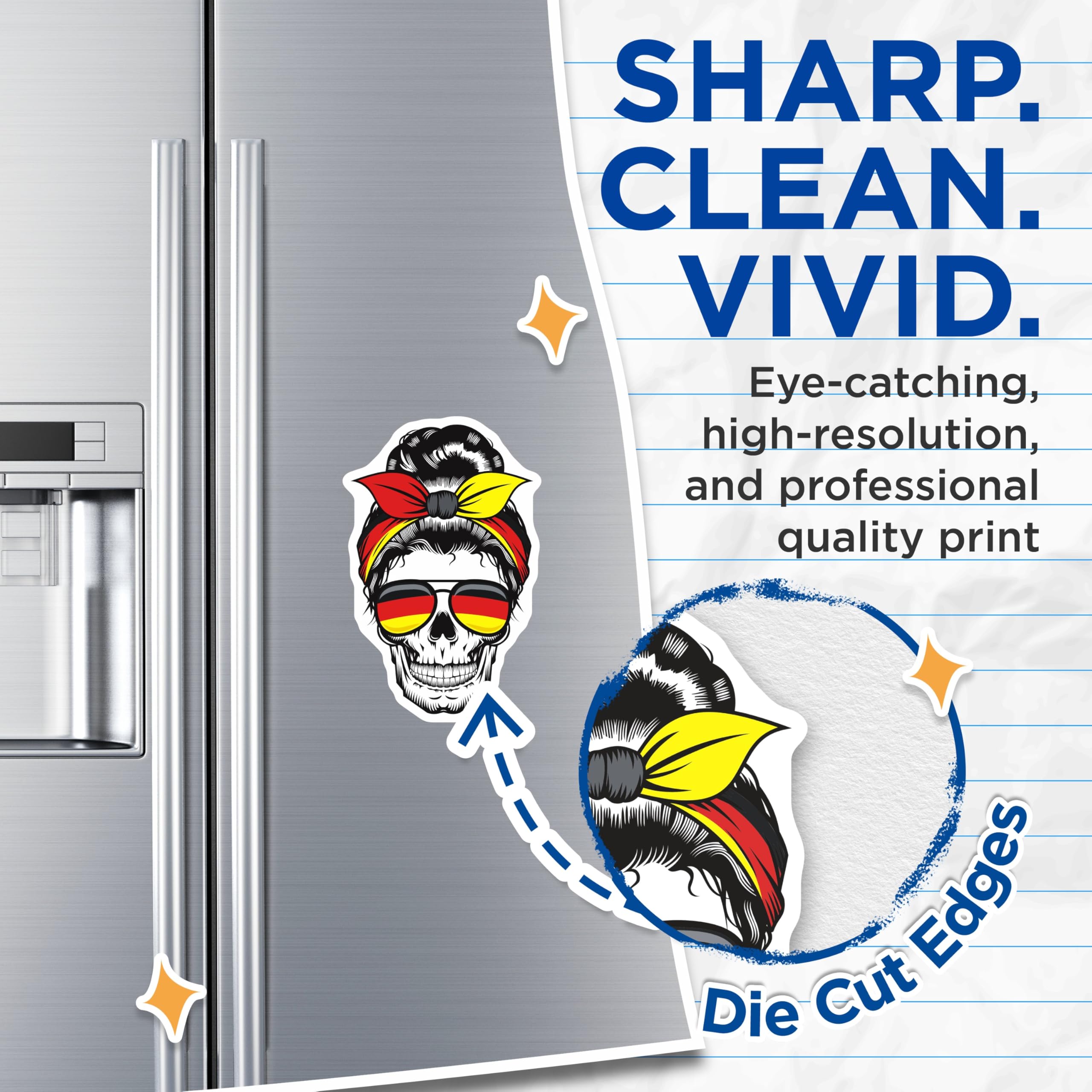 (2 Pack) German Skull Magnets - Germany Flag Art - Messy Bun Skull Design - 5" On Longest Side - Premium Magnet - for Cars, Refrigerators, Toolboxes, Lockers - Made in USA - MAG18125