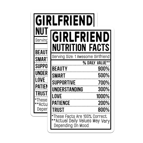 (2 Pack) Girlfriend Nutrition Facts Stickers - Funny Relationship Stickers - Unique Girlfriend Gift - 5" On Longest Side - Sticks to Smooth Flat Surfaces - Made in USA - BMCS4071