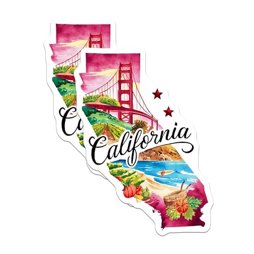 (2 Pack) California Stickers - Golden Gate Bridge Stickers - Scenic California Memories - 5" On Longest Side - Sticks to Smooth Flat Surfaces - Made in USA - BMCS6307