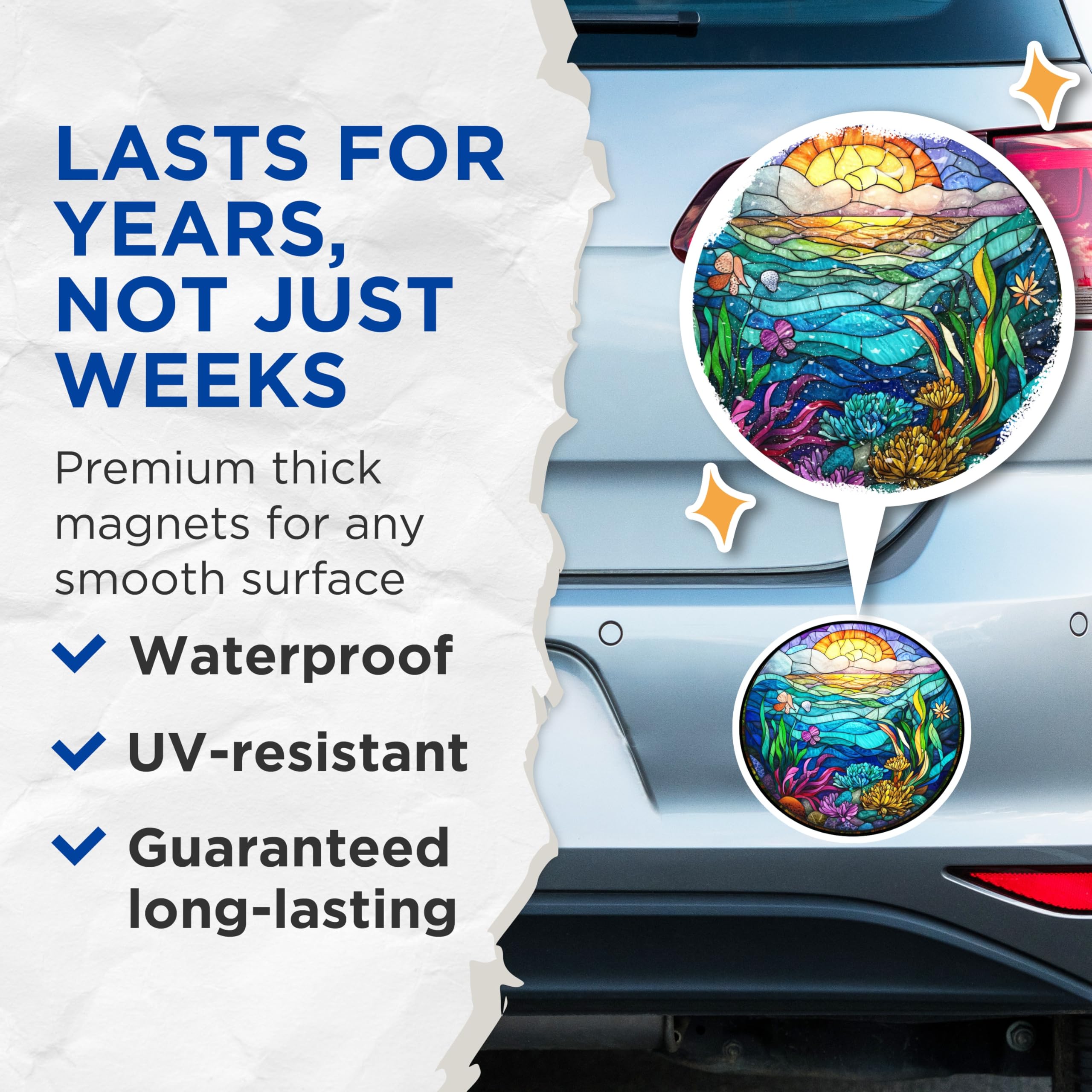 (2 Pack) Ocean Stained Glass Magnets - Sunset Seascape Art - Vibrant Nature Decor - Aquatic Scene Fridge Magnets - 5 Inches On Longest Side - Thick Durable Magnet - Made in USA - MAG27566